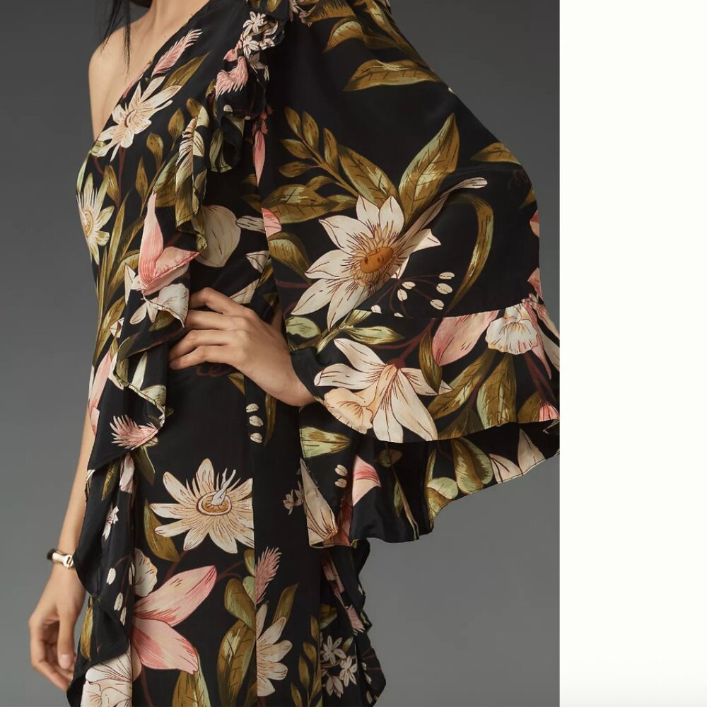 FARM RIO - Surreal Flowers One-Shoulder Crêpe de Chine Midi Dress - Black - XL - Picture 3 of 10